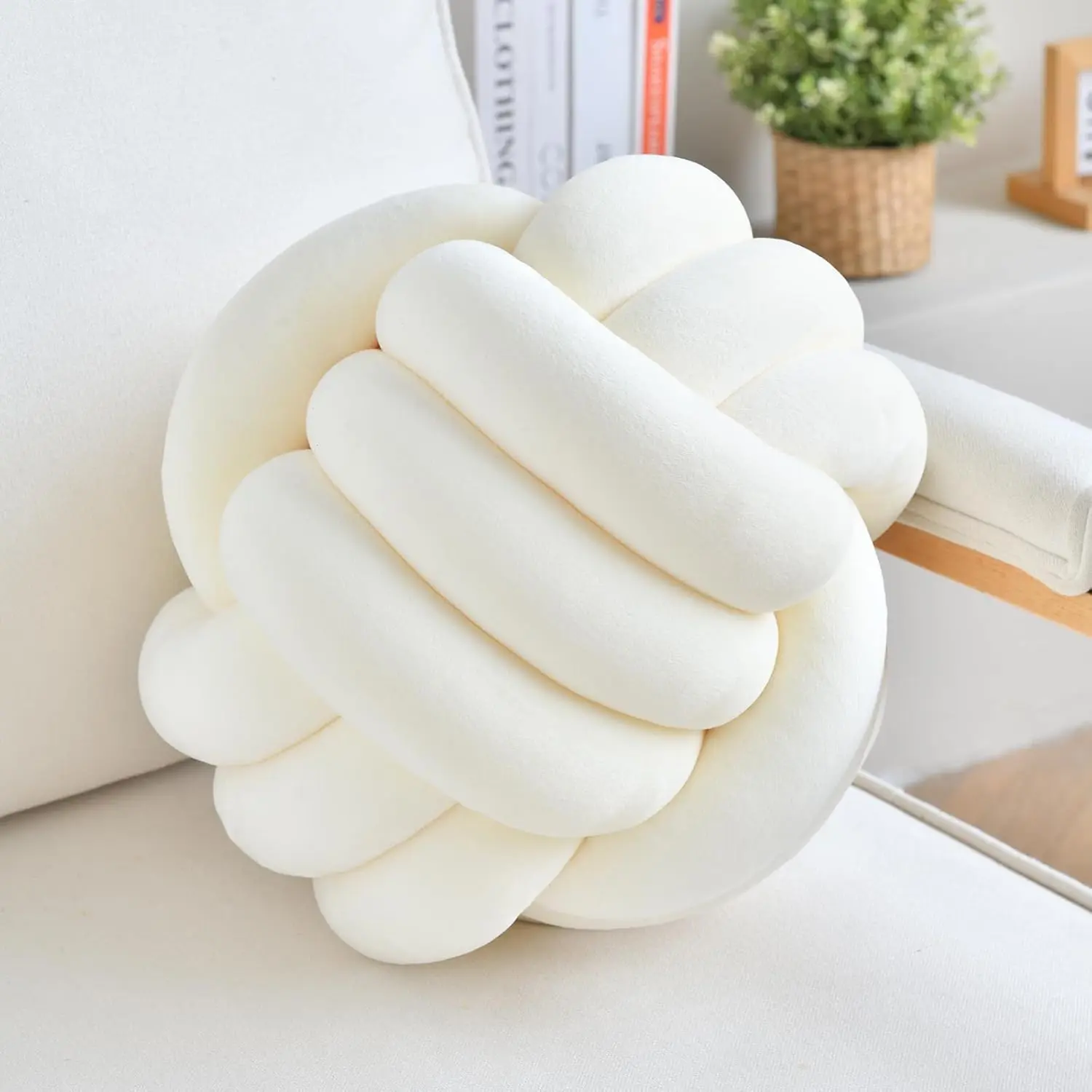 8in Milky White Round Velvet Knotted Comfy Cushion - Creative Decorative Washable Fabric Pillow with Smooth Texture for Home Chair, Sofa