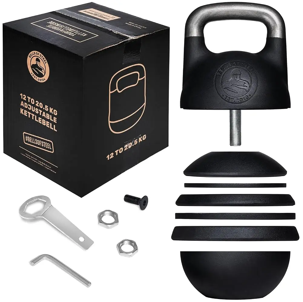 Bells of Steel Adjustable Dumbbell-Kettlebell, All-in-1 Heavy Resistance High Performance Kettlebells, 12-20.5KG Weight Range, 18 Weight Settings, Competition-Style Home Fitness Equipment, Adjustable Kettlebells