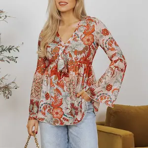 Orange Floral Print Deep V Neck Knot Bell Sleeve Blouse