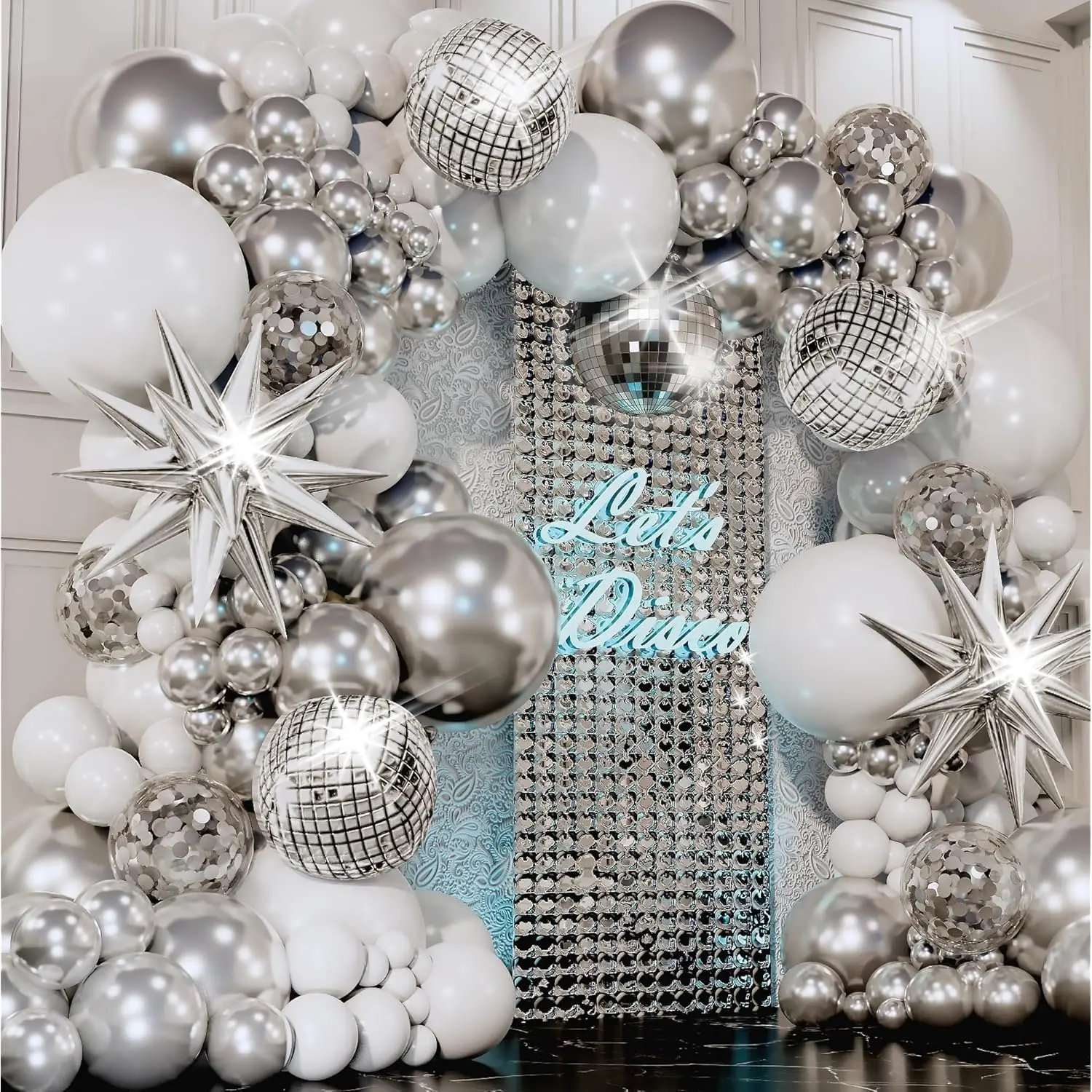 Disco Balloon Garland Kit with Bonus Disco Ball Balloon for Silver & White Party Decorations