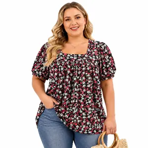 ROSRISS Lady's Plus-Size Summer Short-Sleeve Top - Square Neck, Petal Sleeves, Flowy Pleated Rayon T-Shirt, Stretchy, Breathable, Lightweight, Loose-Fitting, Soft, Feminine Casual Tunic, Tie Dye, Size XL-5XL VPS0119 summervibes summervibes oversized outdo