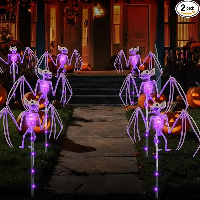 Halloween Decorations Outdoor Solar Garden Lights,2PCS of Set 3D Scary Bat Realistic Skeleton Outside Decor,Solar Creepy Bats Path Lights for Grave/Yard/House/Halloween Party Gifts Decor Purple
