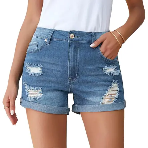 luvamia Women's High Waisted Ripped Denim Shorts - Stretchy Cuffed Hem Jean Shorts for Women, Distressed Tattered Cotton Blue Washed Womenswear Bottoms, Distressed Shorts