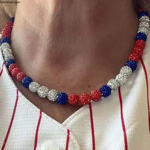 Sparkly Rhinestone Baseball Necklace, Multicolor Clay Bead Stretch Jewelry, Cool Hip Hop Unisex Accessory for Boys & Girls, Trendy Sports Style Ornament, Ideal Casual & Festival Gift