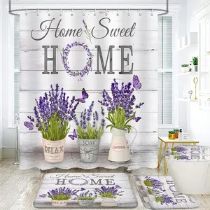 4Pcs Purple Lavender Shower Curtain Sets, Farmhouse Flowers Bathroom Decor Set Accessories with Non-Slip Rugs, Toilet Lid Cover and Bath Mat, Waterproof Shower Curtains with 12 Hooks, 72 x 72 Inch