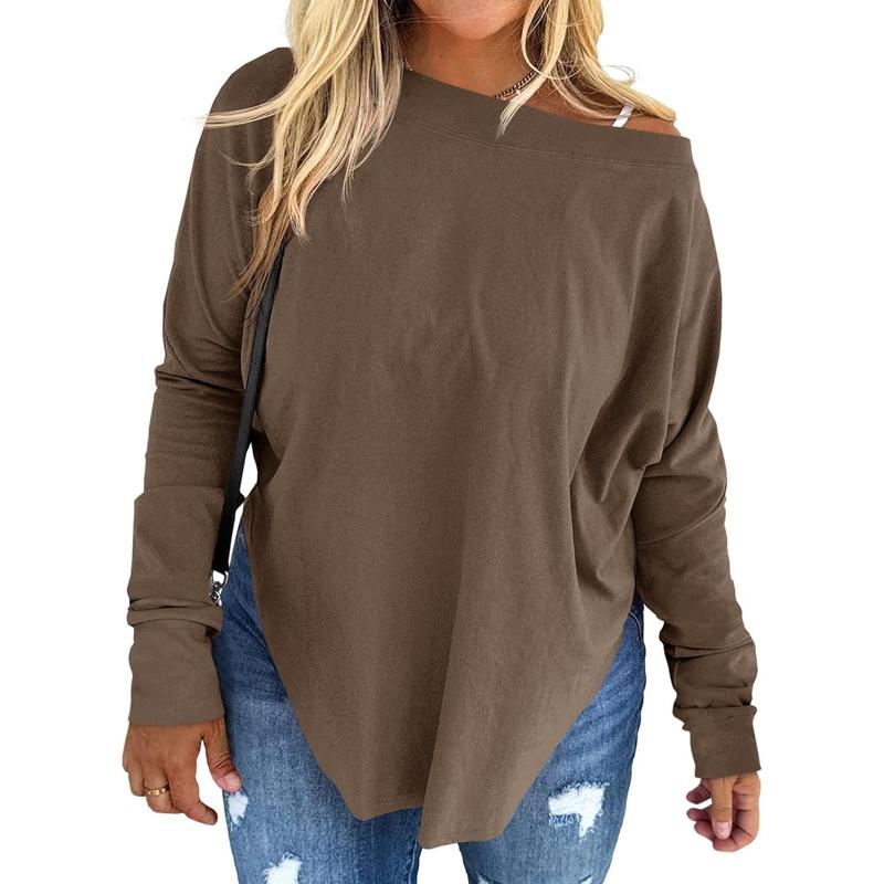 Goranbon Women's Plus Size Tops Off Shoulder Long Sleeve Loose T Shirts Casual Curved Hem Tunics Tee Shirt