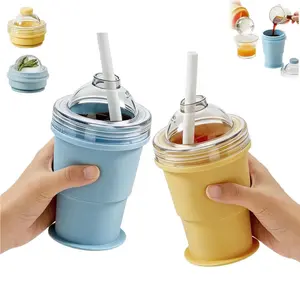 Foldable Silicone Ice Ball Cup, Portable Reusable Ice Ball Cup with Straw and Lid, Built in Straw, Leak-Proof, Easy to Remove, Suitable for Coffee and Juice, Leakproof Lid Straw