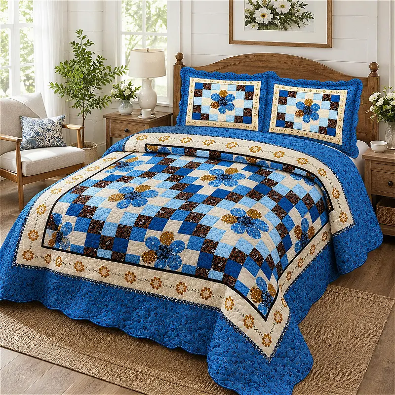 86 X 94 Inch Queen Quilt Suitable for Bedroom - Blue Floral Patchwork Bedspread with Checkerboard Pattern, Rustic Farmhouse Bedspread Coverlet, Vintage Handmade Bedding, Soft Lightweight All-Season Quilt for Country Cottage Home Decor