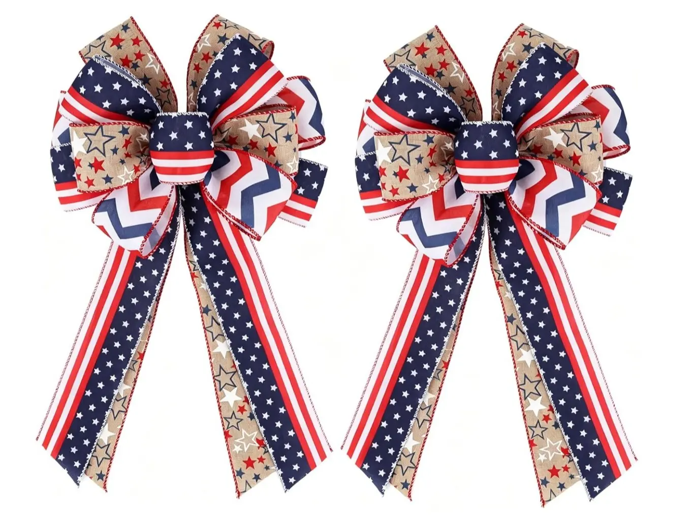 Tenn Well 2PCS Patriotic Wreath Bows, Flag Star Striped Ribbon Bow for Door Wreath 4th of July Memorial Day Decor, Includes Fluffing Tool for Easy Shaping(11.8x17.8 Inch)