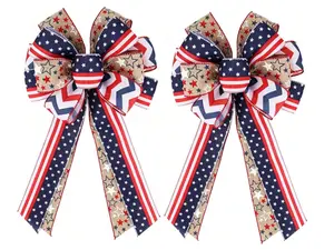 Tenn Well 2PCS Patriotic Wreath Bows, Flag Star Striped Ribbon Bow for Door Wreath 4th of July Memorial Day Decor, Includes Fluffing Tool for Easy Shaping(11.8x17.8 Inch)