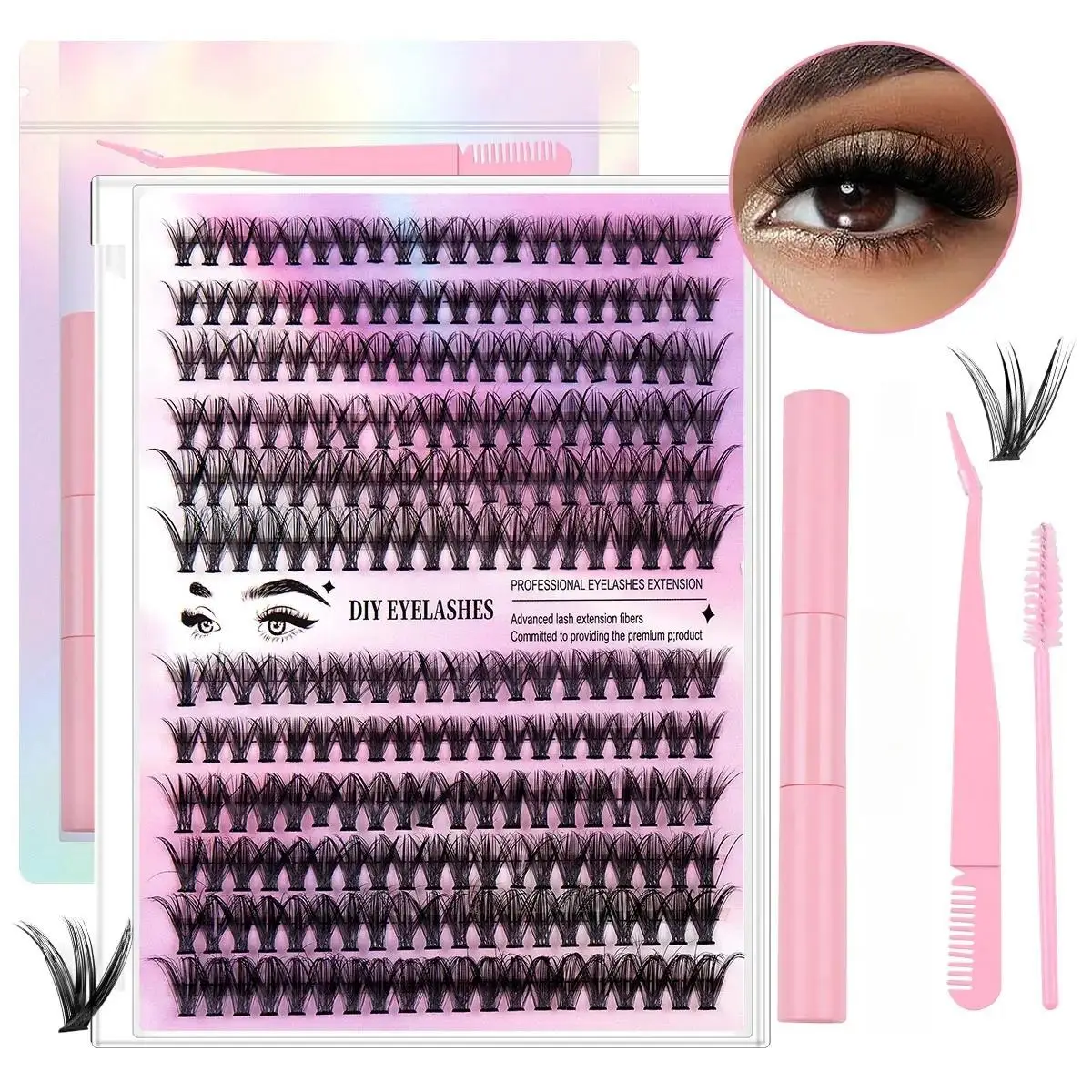 DIY Eyelash Extension Kit, Individual Lash Cluster D Volume Eyelash Extension Kit, 30D 40D Lash Cluster With Mascara And Seal, Eye Makeup Tool