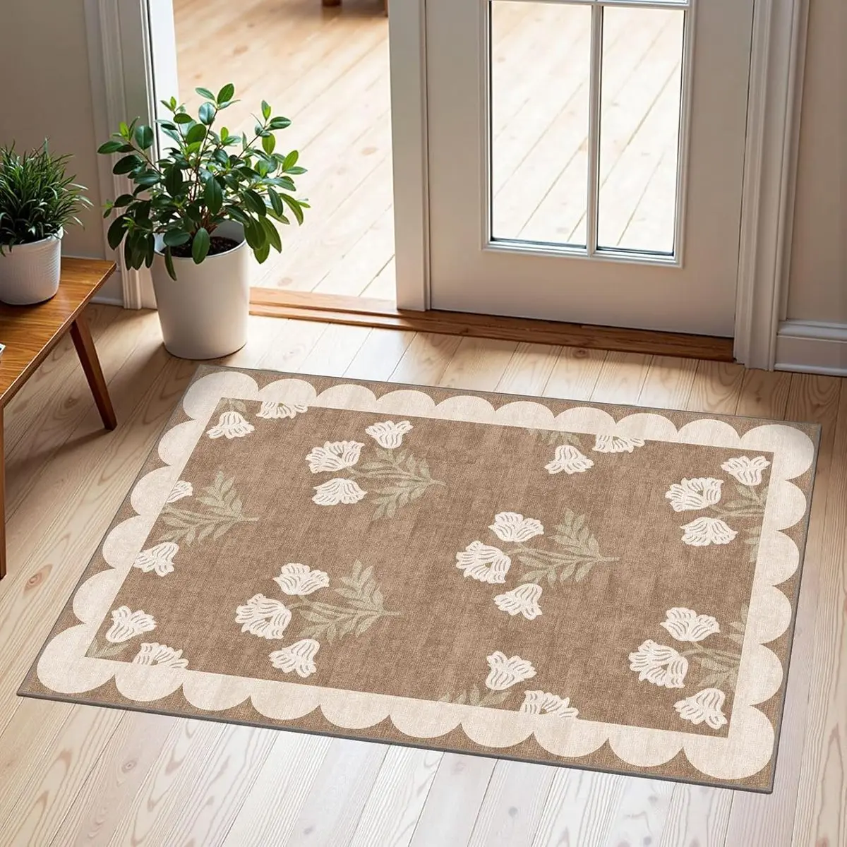 Front Door Mat Outside Entrance - 2x3 Floral Non-Slip Washable Doormat Indoor Outdoor Mat Tan Neutral Farmhouse Scalloped Entry Rug Small Throw Rugs for Entryway Kitchen Front Porch Decor