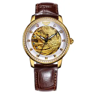 Trendy Full Gold Skeleton Phoenix Automatic Watch, Full Crystal Diamond Bezel, Brown Croc Leather Strap, Oriental Auspicious Luxury Men’s Mechanical Wristwatch
