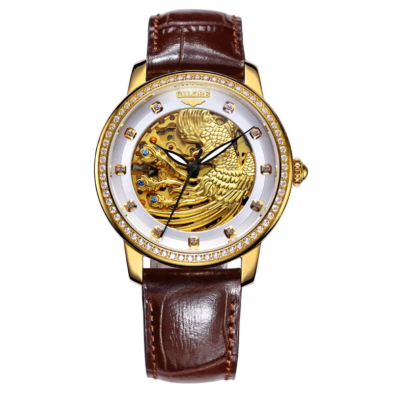 Men’s Trendy Full Gold Skeleton Phoenix Analog Mechanical Watch - Diamond Encrusted Full Crystal Bezel, Brown Croc Leather Strap, Oriental Auspicious High Quality Fashionable Statement Luxury Automatic Wristwatch, Analog Mechanical Watches, Diamond Encrus