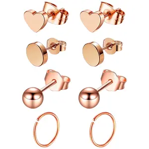 OIDEA Women's 4-Pair Rose Gold Stainless Steel Ear Studs Set - Hypoallergenic, Flat Back, Heart & Round Shapes, Elegant Everyday Wear Fashion Costume Earrings, Rose Gold Earrings
