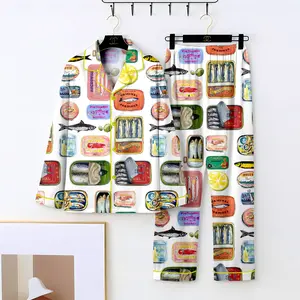 Vintage Sardine Can Pajamas Set, Retro Fish Tin Print PJs, Colorful Seafood Art Sleepwear for Men & Women, Funny Ocean Lover Pajama Set, Unique Food Pattern Loungewear Nightwear