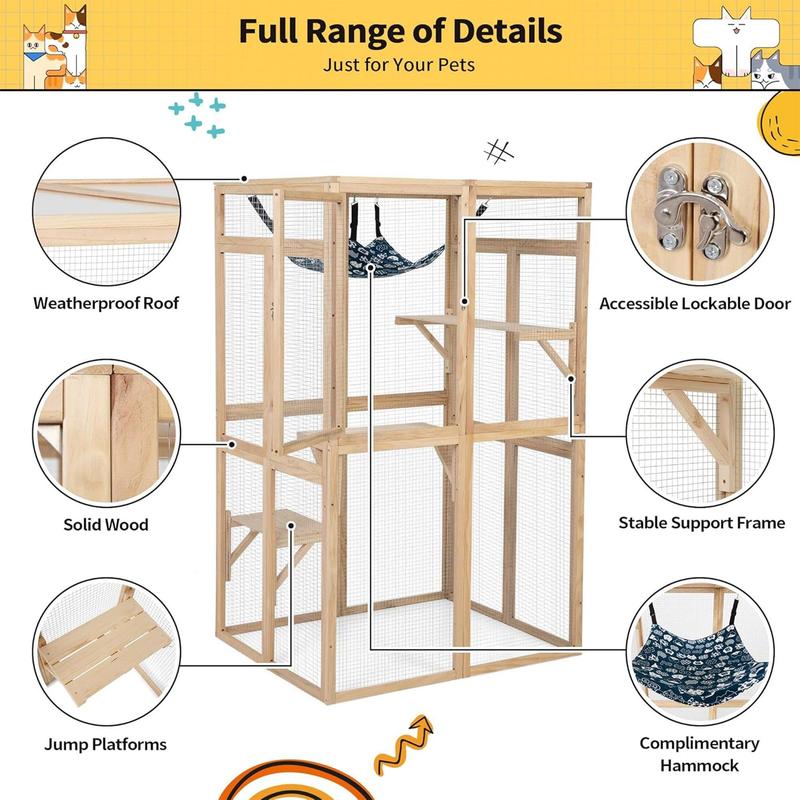 COZIWOW Outdoor Wooden Cat House Enclosure with Window, 3 Spacious Platforms, Weatherproof Wood, 39.4 x 33.3 x 63.8 Inches