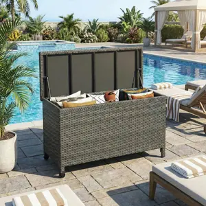 125 Gallon Large Deck Box Waterproof PE Rattan Outdoor Storage Box with Handles and Wheels, Storage Bin for Garden, Balcony, Porch, Pool, Yard,Gray
