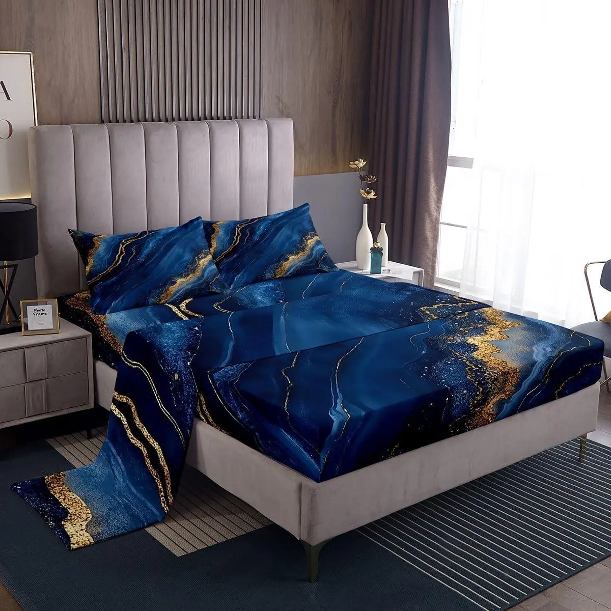 Navy Blue and Gold Marble Bed Sheets Sets Modern Marble Aesthetic Bedding Set Abstract Art Bed Sheet Set with 16-Inch Deep Pockets
