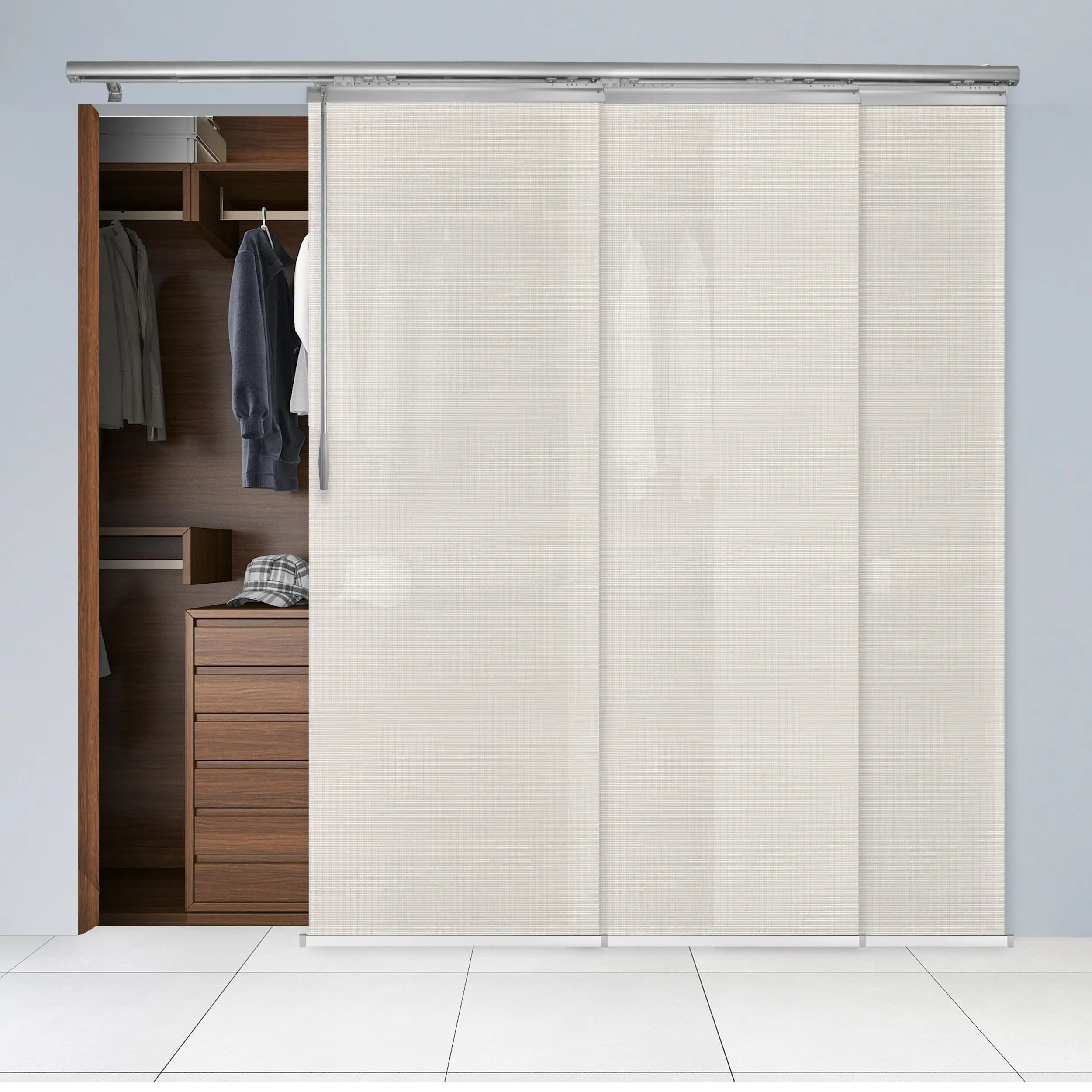 Meshed Taupe 3-Panel Single Rail Panel Track 36"-66"W, Panel width 23.5" - 60% LIGHT-FILTERING