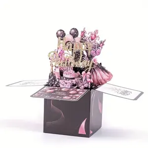 An Elegant 3D Birthday Card with Butterfly and Floral Designs - Laser-cut Paper, Black and Pink Balloons, Suitable for Anyone - Perfect for Valentine's Day or Birthday Celebration Invitations