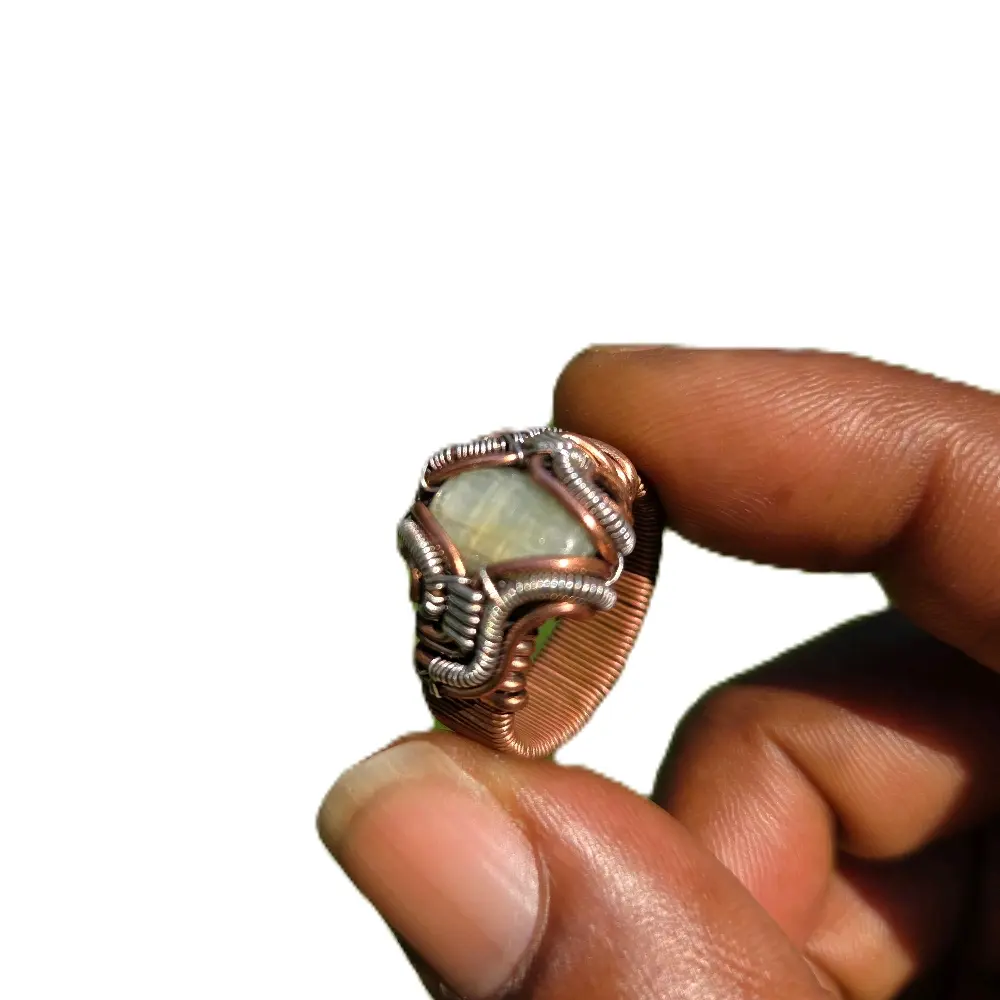 Kyanite Copper Ring with Symmetrical Design and Silver Accents