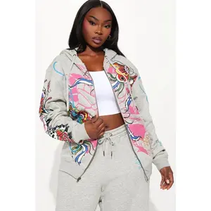 Ed Hardy Butterflies Zip Up Oversized Hoodie - Heather Grey 1
