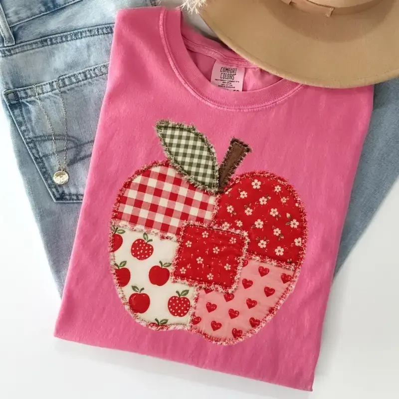 [PRINT] Comfort Colors Apple T-Shirt, Vintage Faux  Patchwork Floral Style, Relaxed Fit, Cute Farmhouse Fruit Casual Vibe