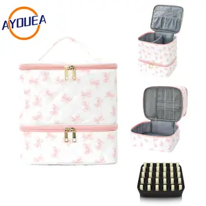 Professional Nail Polish Storage Case Bag Valentine's Day Gift Holds 30 Bottles UV Lamp Waterproof Quilted Design for Salon & Travel | Durable Nylon Organizer with Adjustable Dividers Compact & Wipe-Clean in Bow Patterns Girlfriend Present Minimalist