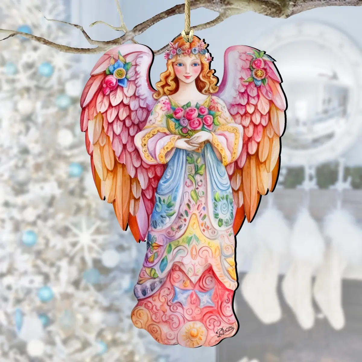 Designocracy 8611023 Artistic Handmade Plywood Pink Floral Angel Christmas Nativity Ornaments, 5x5.5x0.25 in, UV Coating, Cute Festive Home Decor, Holiday Gift with Gift Bag, Indoor Use, 5X5.5"