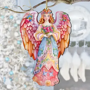 Designocracy 8611023 5 x 5.5 x 0.25 in. Pink Floral Angel Wooden Nativity Holiday Decor Ornaments