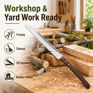 Heavy-duty pruning saw with a long, solid wooden handle; an outdoor wood-cutting tool suitable for gardening and pruning branches