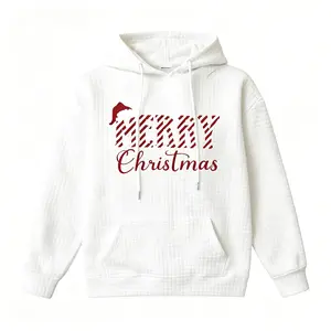Women's Cozy Merry Christmas Waffle Knit Hooded Sweatshirt – Red White Candy Cane Santa Hat Print, Soft Long Sleeve Hoodie Ideal for Holiday Celebrations & Winter Casual Style