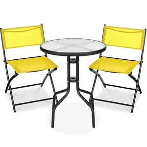 Best Choice Products 3-Piece Patio Bistro Dining Furniture Set w/ Round Textured Glass Tabletop, Folding Chairs