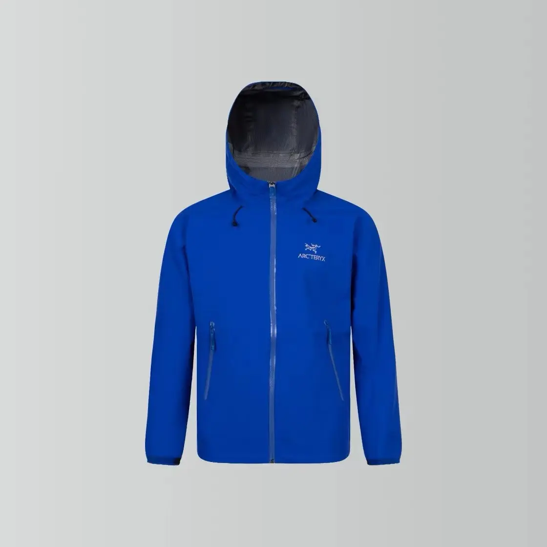 Men Bright Blue Hooded Outdoor Windbreaker Jacket Waterproof Windproof Fabric Full Zip Closure Multi‑Zip Pockets For Hiking Camping Travel Daily Outdoor Activities