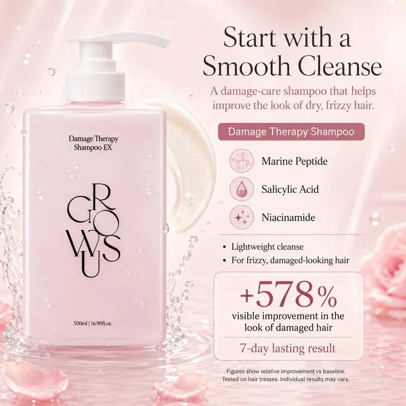 3-Step Glassy Hair Complete Routine Set for Dry, Damaged & Frizzy Hair | Marine Peptide, Ceramide, Keratin & Collagen | Shampoo + Treatment + Leave-in Spray with Heat Protection | GROWUS
