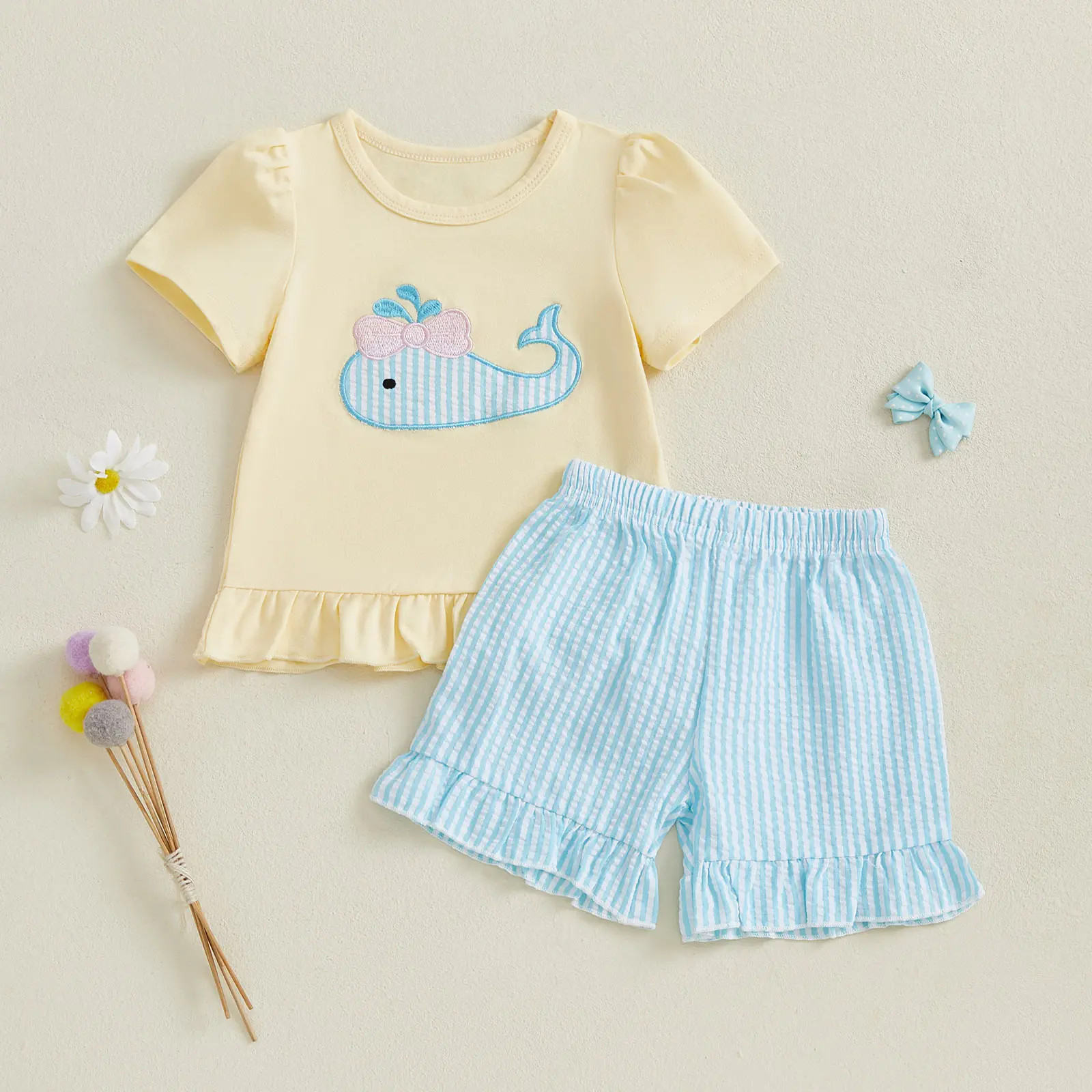 Toddler Baby Girl 2-Piece Summer Clothes Set, Whale Embroidery Short-Sleeve Round Neck T-Shirt, Ruffle Stripe Shorts