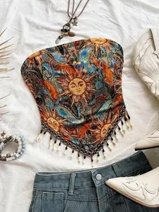 Spotlightfinds Women's Vacation Knit Print Patchwork Beaded Halter Top, Perfect for Parties, Afternoon Tea, Bohemian Style, Summer Holidays, Boho