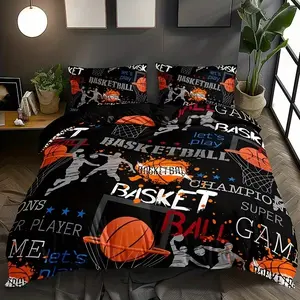 3pcs Fashion Cartoon Basketball Sport Letter Digital Print Bedding Set, Comfortable & Stylish Design, Perfect Gift Idea for Sports Fans