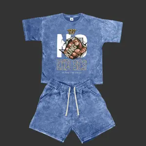 2-Pack Men's Summer Regular Edition Cotton Blended Short Sleeve T-shirt & Shorts Set - "NO EXCUSES KING" Motivational Graphic Print, Breathable Fabric, Suitable for Travel, Sports, Fitness, Casual Dressing, Fishing and Golf, Inspirational Streetwear Gifts