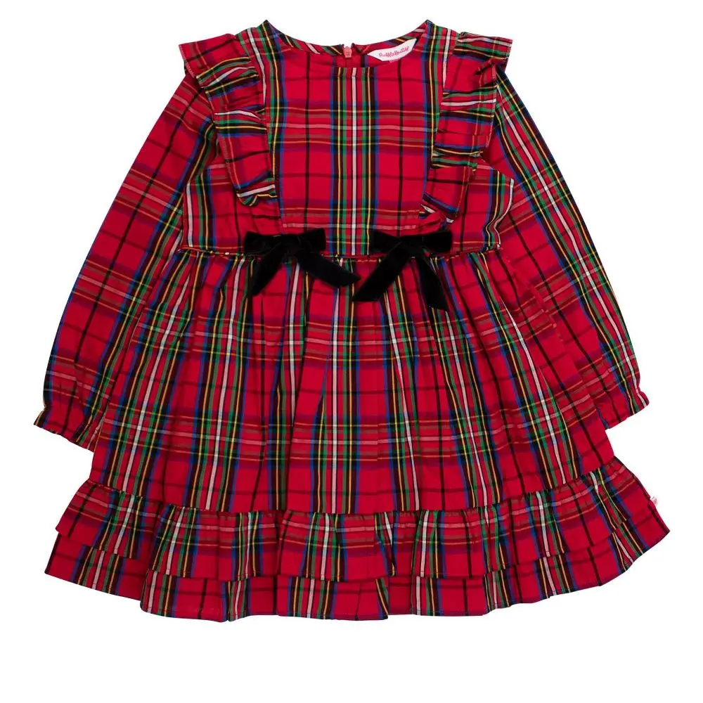 RuffleButts Girls Woven Long Sleeve Waterfall Bow Dress - Red Nicholas Plaid 5, Half Zip, Scoop Neck