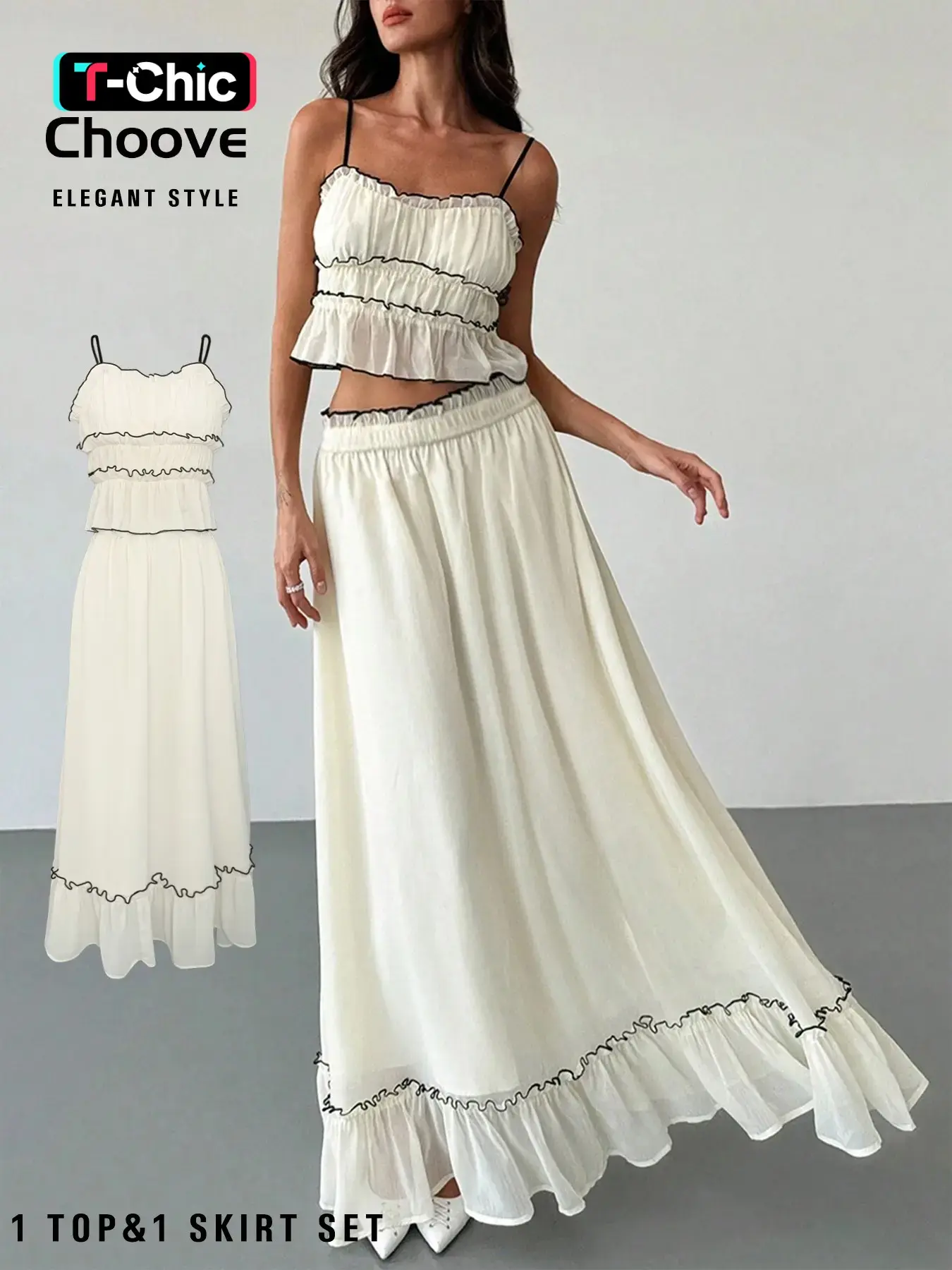 Summer Women's Elegant Chic Lightweight Ruffle Spaghetti Strap Camisole and Skirt Set, Sleeveless Holiday, Elastic Waist, Loose-Fitting, Plain Pattern, A-Type Silhouette, Womenswear