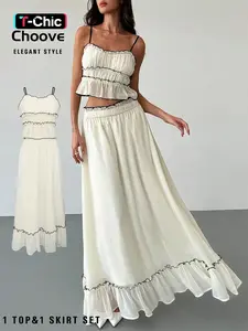 Summer Women's Elegant Ruffle Camisole and Skirt Set, Sleeveless Holiday, Elastic Waist, Loose-Fitting, Plain Pattern, A-Type Silhouette, Womenswear