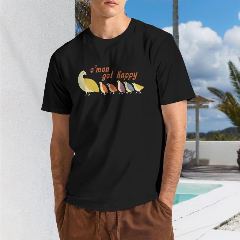 Menswear Vintage Heavy Cotton Crewneck Short Sleeve T-Shirt - Unisex Comfort Fit, Positive "C'mon Get Happy" Message, Multicolor Smiling Bird Print, Black, S Size, Casual All-Season Top