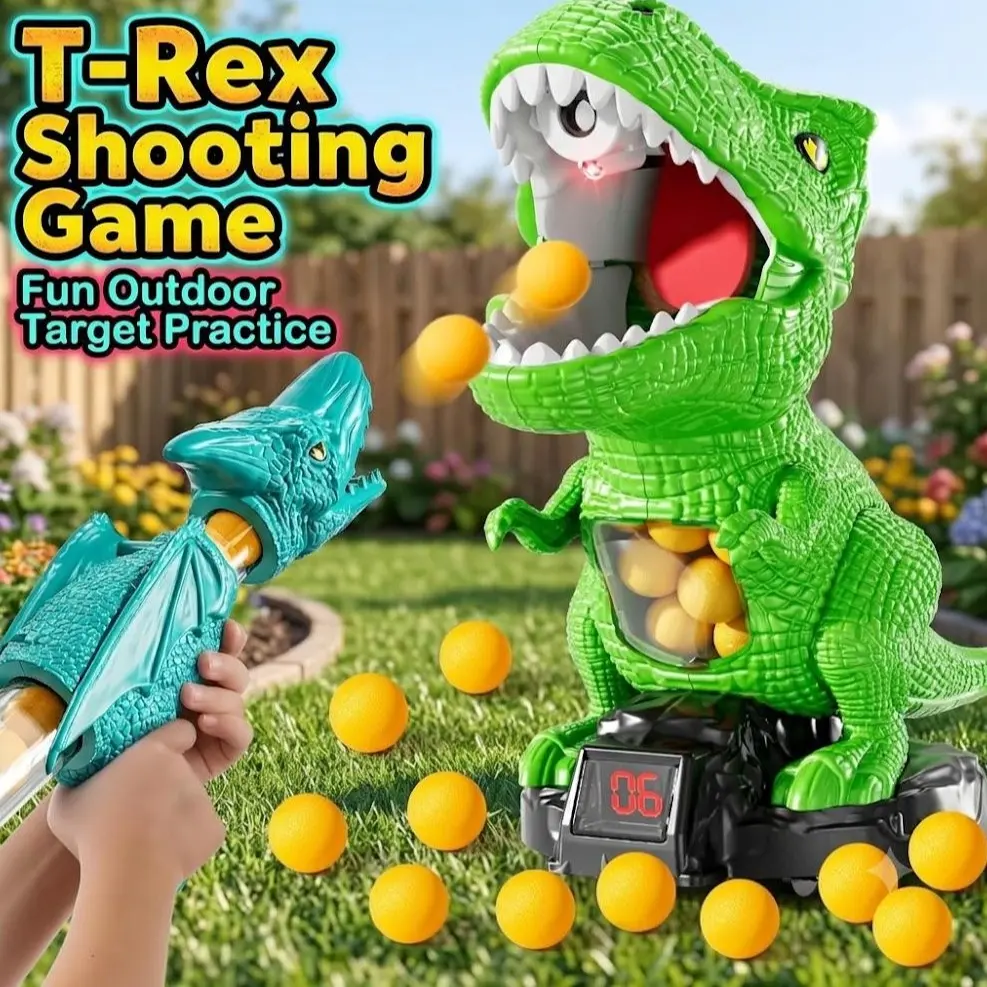 Unisex Kids' Dinosaur Shooting Game Toy (Ages 3+), Moving T-Rex Electronic Target for Outdoor Target Practice Sports, EVA Foam Balls, Score Tracker, Dino Roar Action, LED Hit Lights, Dinosaur Figures, Soft Foam Balls