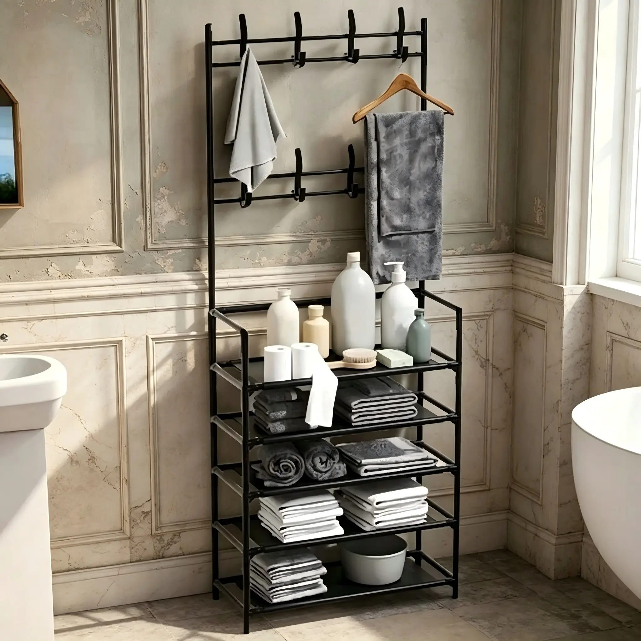 5-layer multi-functional shoe rack -66 inch x 24 inch x 10.5 inch vertical hanger with detachable hooks, multi-layer design, suitable for home furnishings, home accessories and storage racks, shoe rack organizer, storage supplies