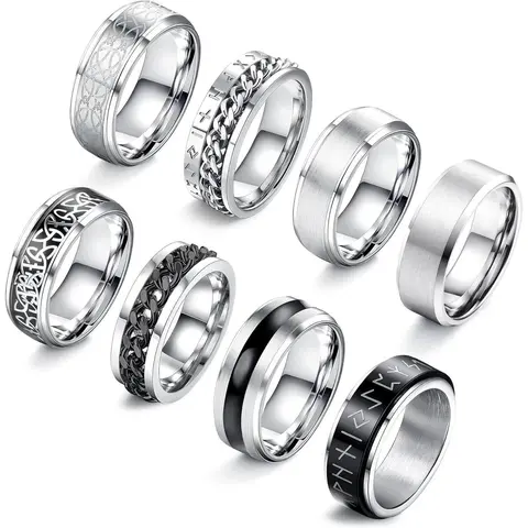 FLORIDECO Men's 8-Pcs High-Polished Stainless Steel Stackable Rotating Ring Jewelry Set - Vintage Spinning Band, Elegant Durable, Versatile Sizes 7-13, Adults' Everyday Wedding Option