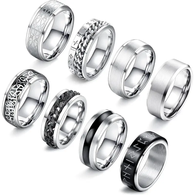 FLORIDECO Men's 8-Pcs High-Polished Stainless Steel Stackable Rotating Ring Jewelry Set - Vintage Spinning Band, Elegant Durable, Versatile Sizes 7-13, Adults' Everyday Wedding Option