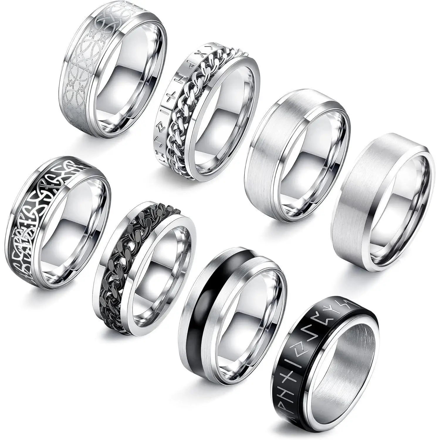 FLORIDECO 8 Pcs Stainless Steel Rings High Polished Mens Band Wedding Engagement Fidget Rings for Men Vintage Spinning Design Durable Polished Finish