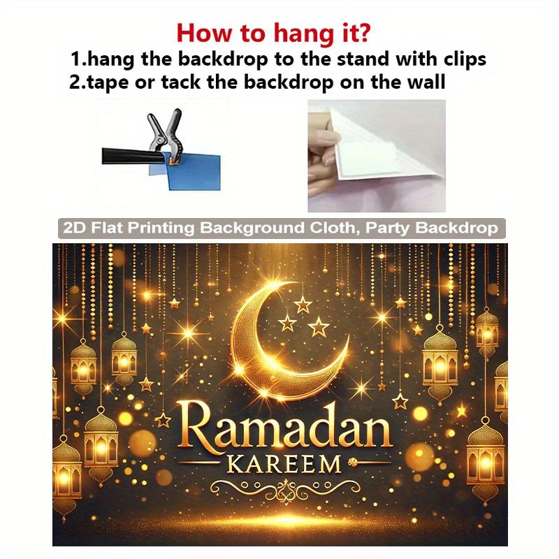 1PC,2D Flat Ramadan Kareem Party Backdrop, Golden Moon Star Lantern Pattern Background Cloth, Eid Festival Decoration Backdrop, Indoor Outdoor Event Scene Setting Banner, Islamic Ramadan Theme Party